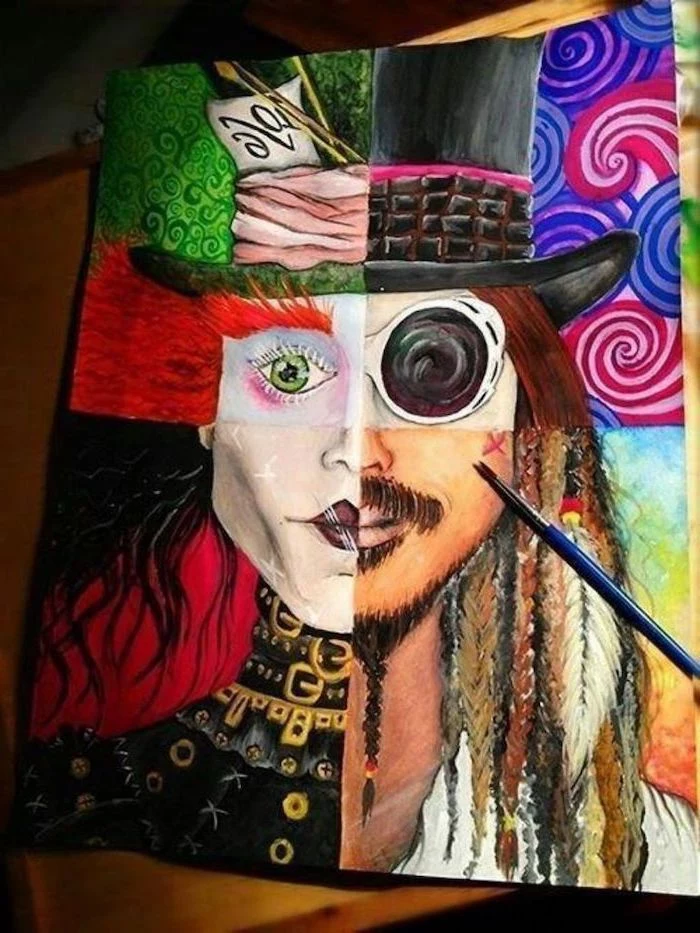 johnny depp characters, colourful painting, how to draw cool stuff, the mad hatter, jack sparrow, edward scissorhands, charlie and the chocolate factory