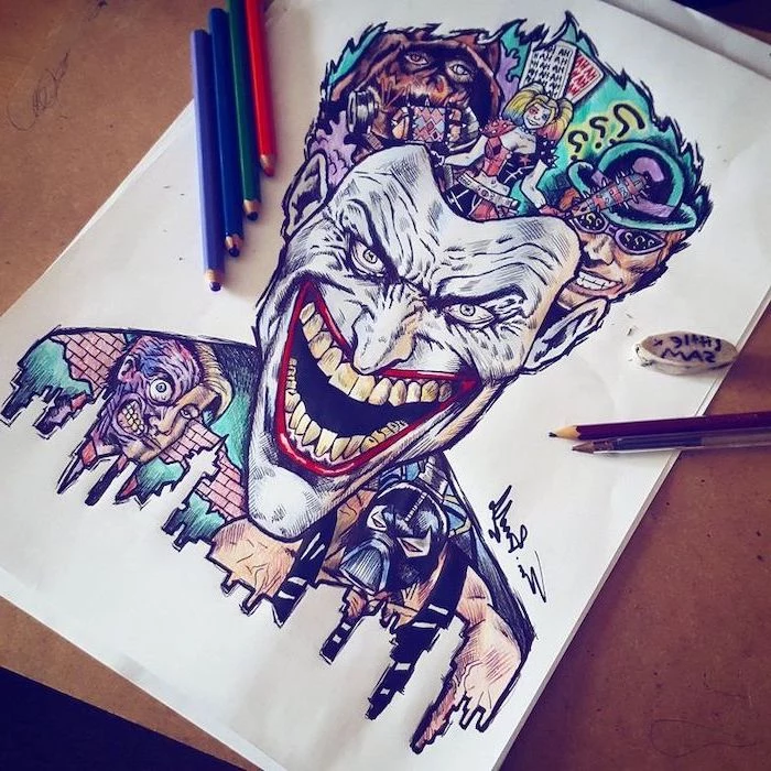 joker laughing, batman villains, inside his head, cool things to draw, colourful drawing, harley quinn