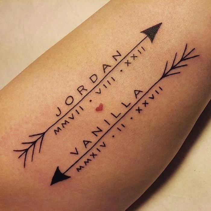 two arrows, with names, date in roman numerals, forearm tattoo