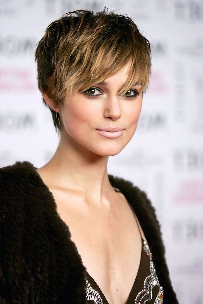 keira knightley, pixie cut, short hairstyles with bangs, black fluffy cardigan