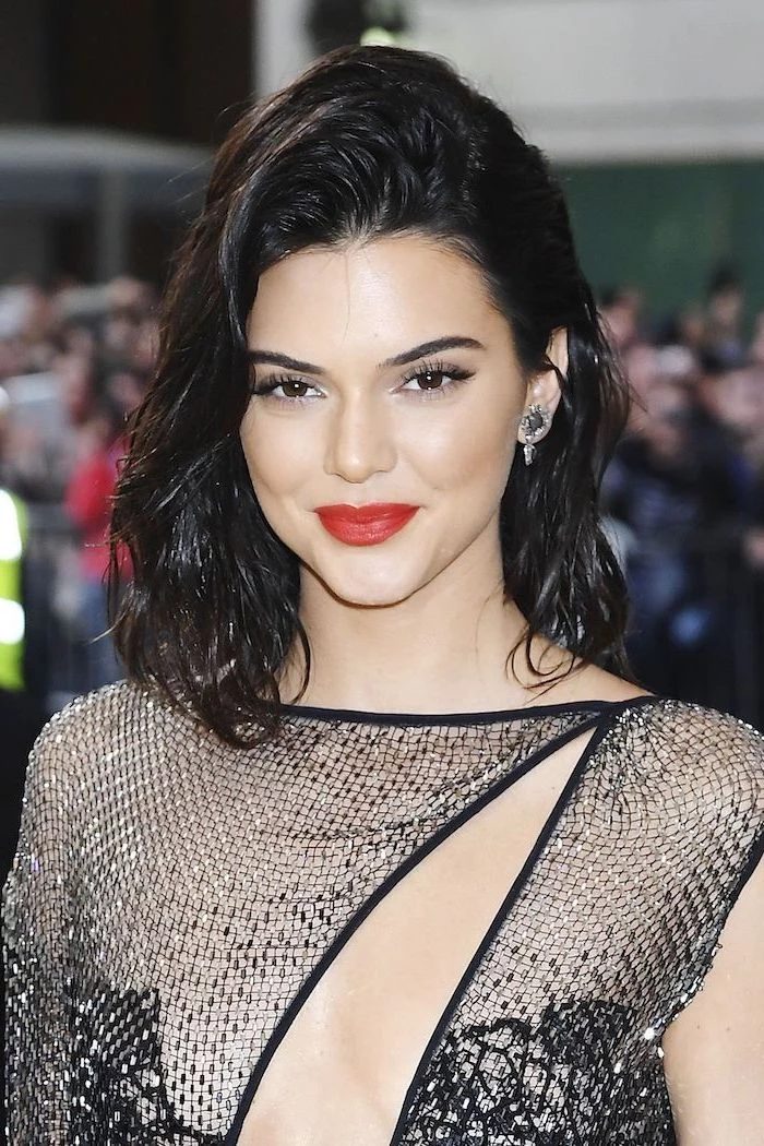 kendall jenner, red lipstick, short hairstyles with bangs, black hair, black lace dress