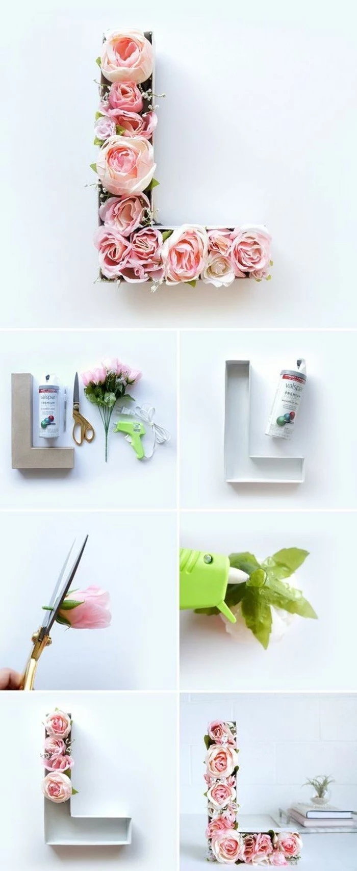 diy tutorial, step by step, the letter l, filled with faux roses, wall art ideas for living room, hanging on a white wall