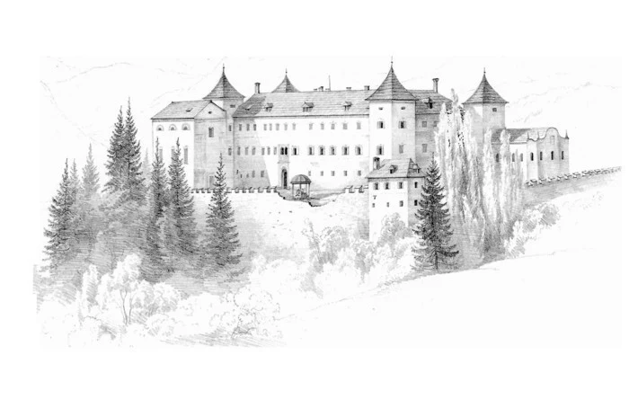 medieval castle, black and white, pencil sketch, how to draw people, trees in front