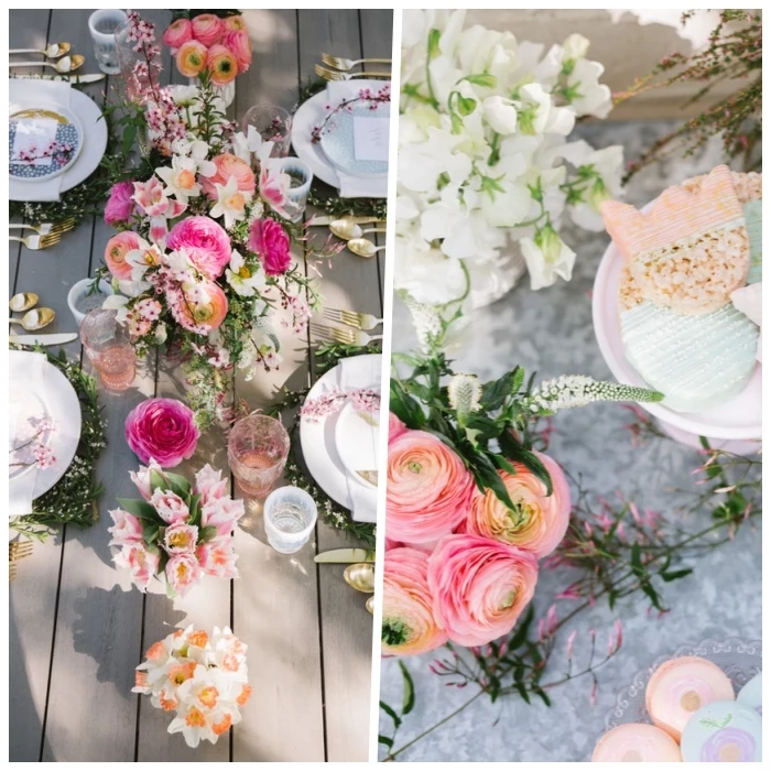 photo collage, kitchen table centerpieces, table settings, flower bouquets, wooden tables
