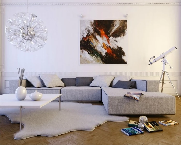 abstract art, white walls, grey corner sofa, gray bedroom walls, wooden floor, white coffee table