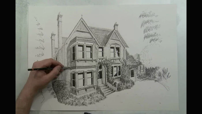 large house, how to draw cool stuff, black and white, pencil sketch, white background
