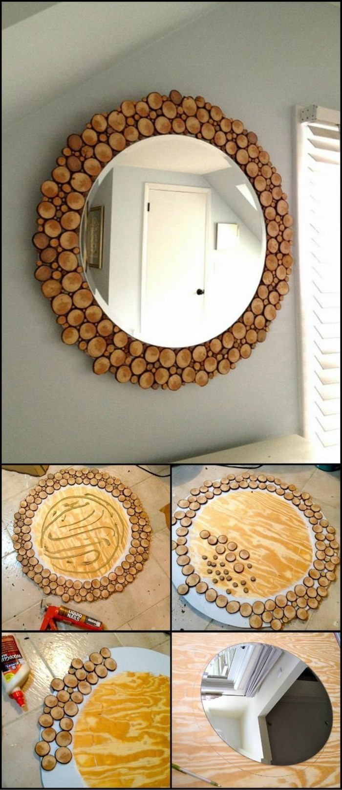 large round window, wood pieces, glued together, forming a mirror frame, big wall decor, diy tutorial