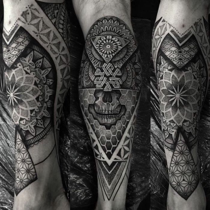 skull leg tattoo, mandala tattoo design, black background