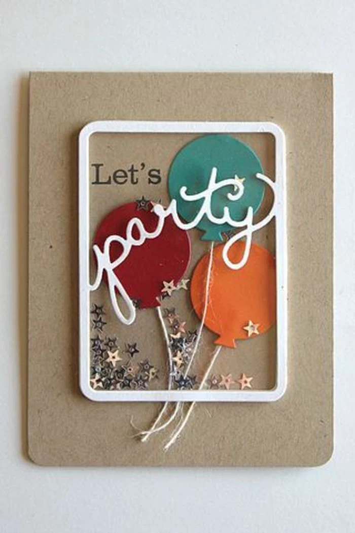 let's party, greeting card, homemade birthday card ideas, red blue and orange balloons, silver stars