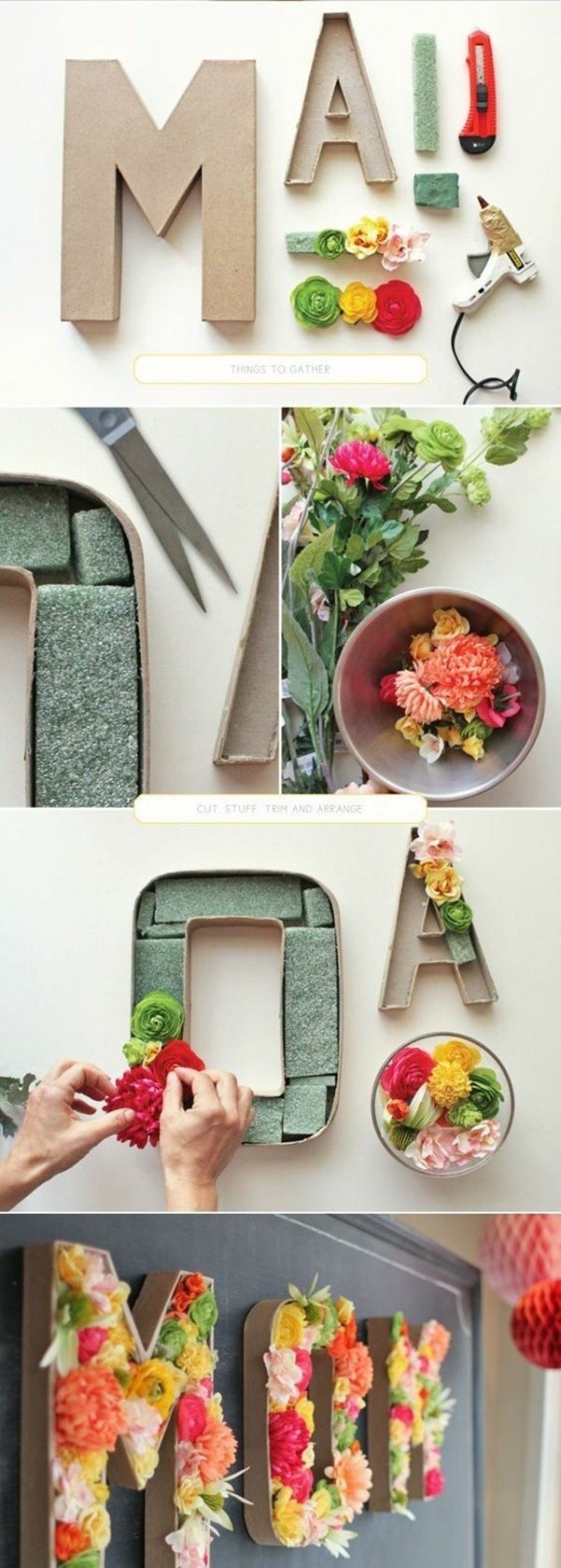 carton letters, filled with faux flowers, stuck in styrofoam, big wall decor, step by step, diy tutorial