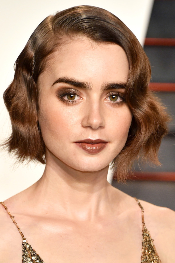 brown hair, hairdos for short hair, gold sequinned dress, lilly collins