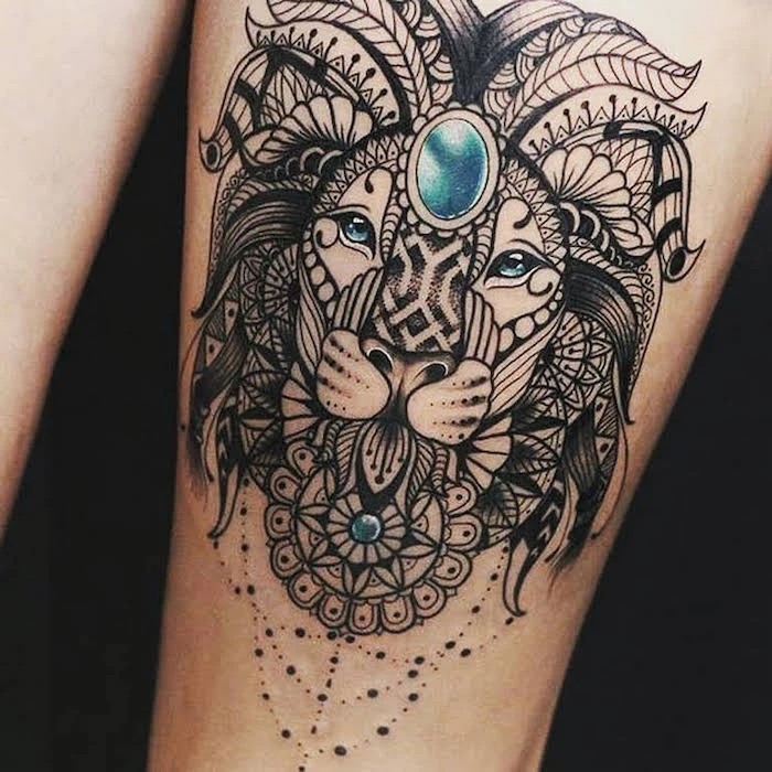lion thigh tattoo, blue eyes, mandala tattoo meaning, black background