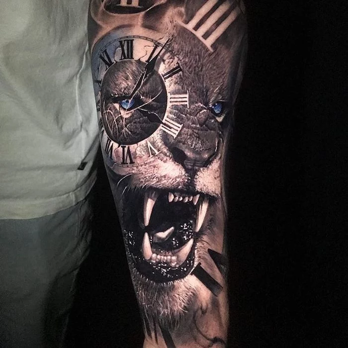 roaring lion, with blue eyes and clock side arm tattoos, black background