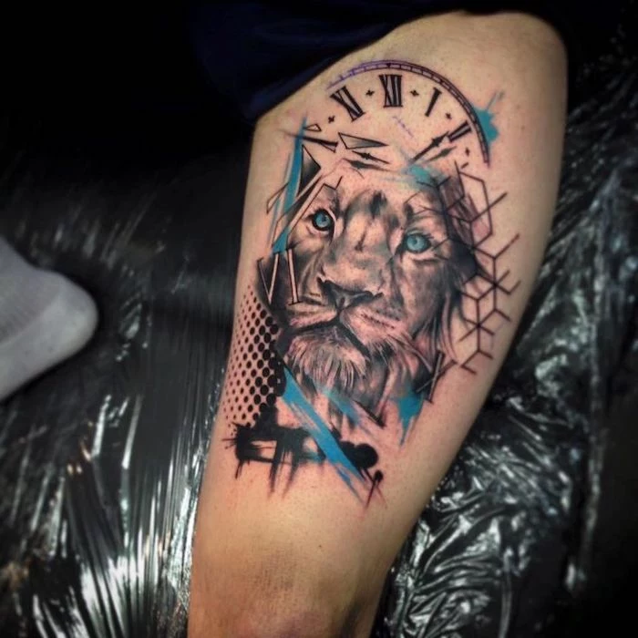 lion head, blue watercolour, clock with roman numerals, thigh tattoo, date in roman numerals