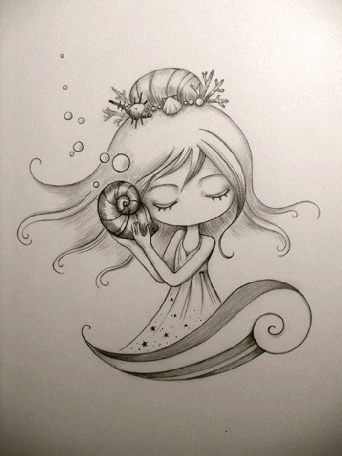 little girl, listening to the sea, with a seashell, pencil sketch, how to draw people, in black and white