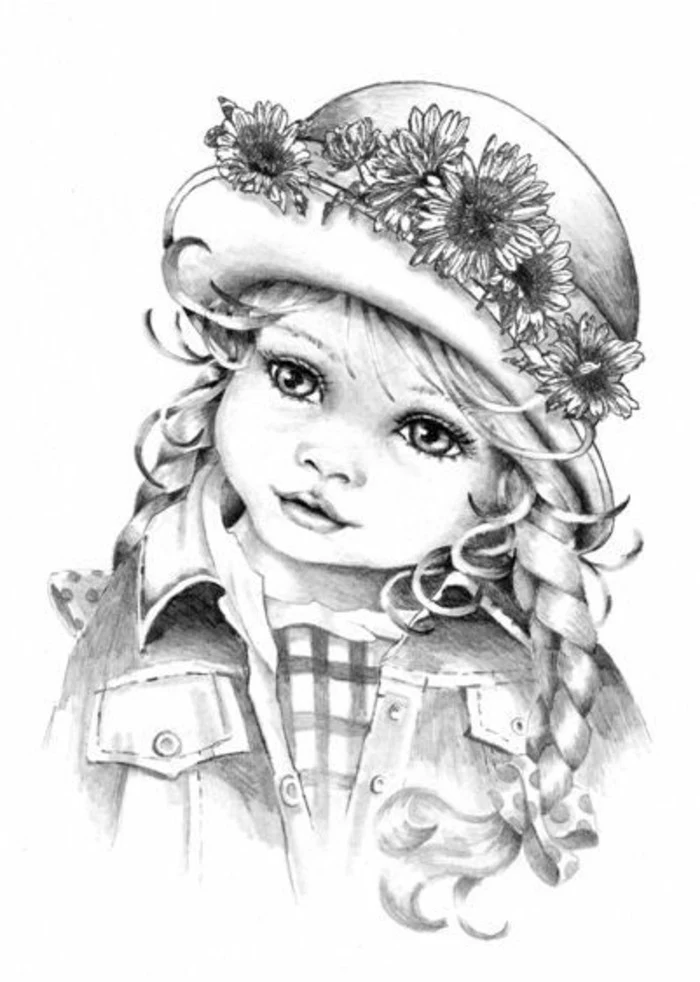 little girl, with sunflower hat, how to draw people, white background, black and white, pencil sketch