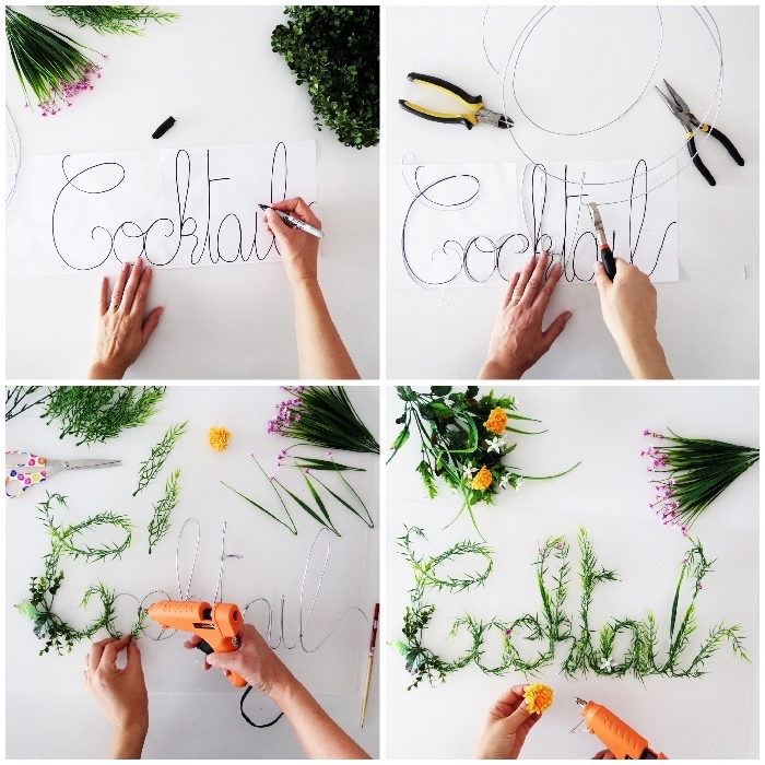 green foliage sign, step by step, diy tutorial, living room wall decor ideas, greenery and flowers