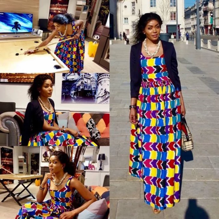 side by side photos, long dress, navy blazer, african attire for women, long black curly hair