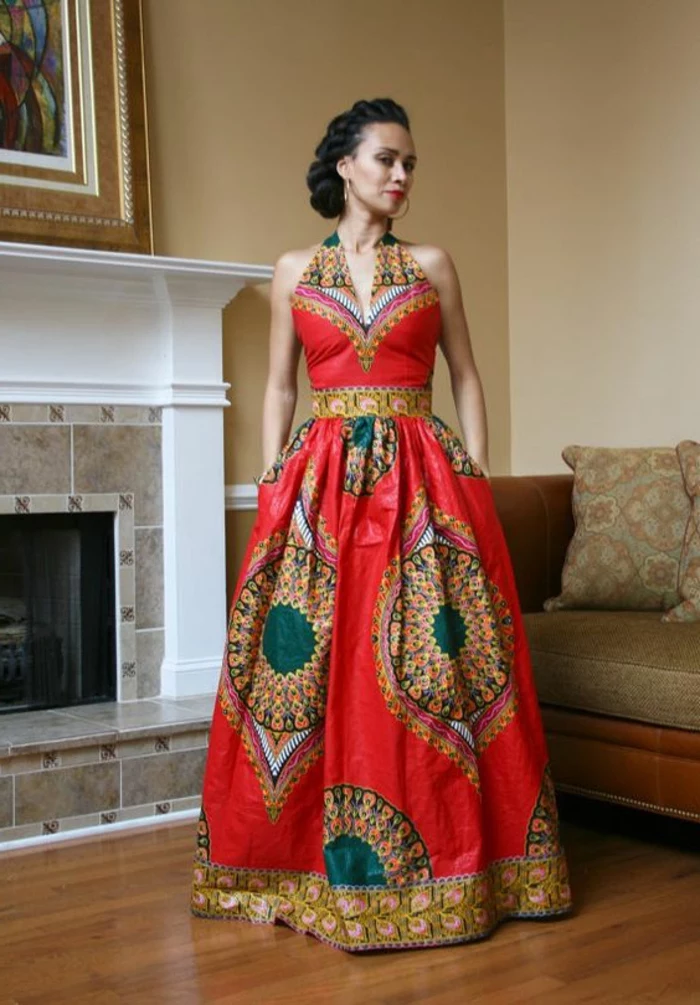 long dress, braided black hair, african dress designs, wooden floor, fireplace in the background