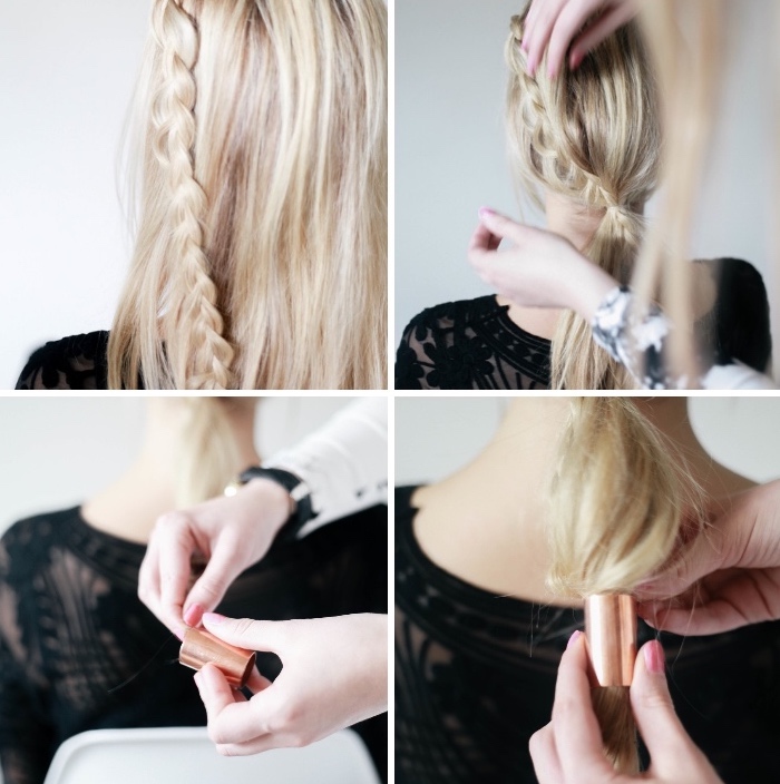 step by step, diy tutorial, blonde hair, in a braid and ponytail, tied with a brass hair accessory, braid hairstyles for girls