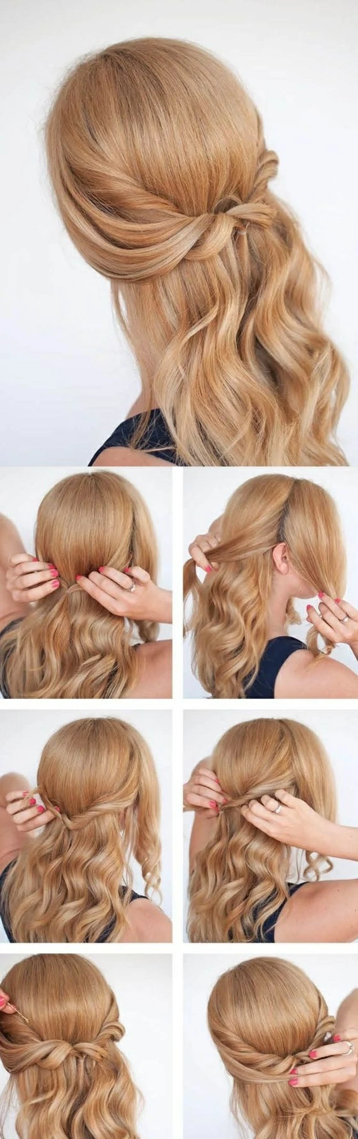 step by step, diy tutorial, prom hairstyles down, long wavy blonde hair, half up, half down hairstyle