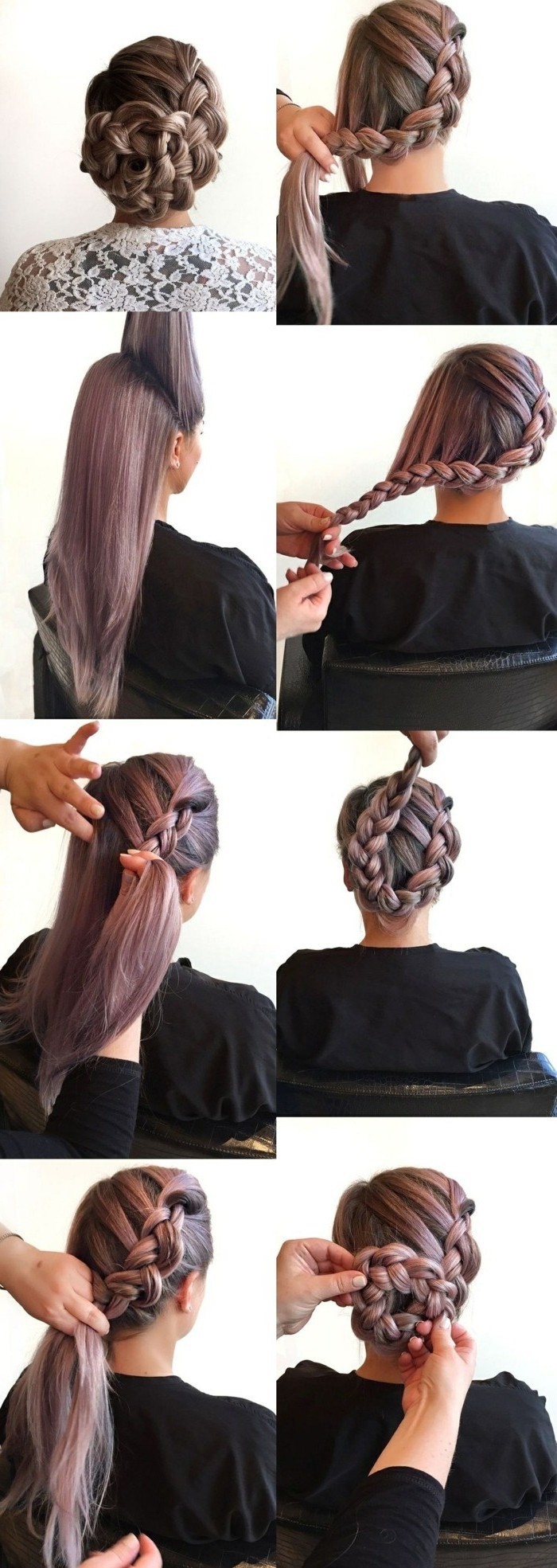 step by step, diy tutorial, brown hair, with pink highlights, in a braided bun, short prom hairstyles