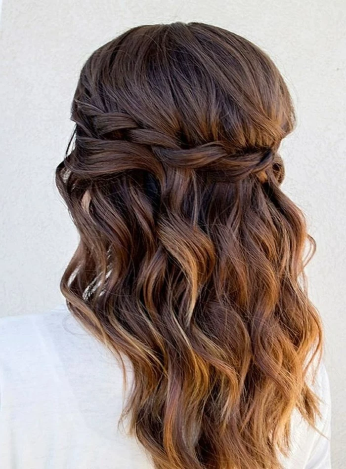 brown hair, with highlights, wedding hairstyles updo, braid across, half up, half down hairstyles