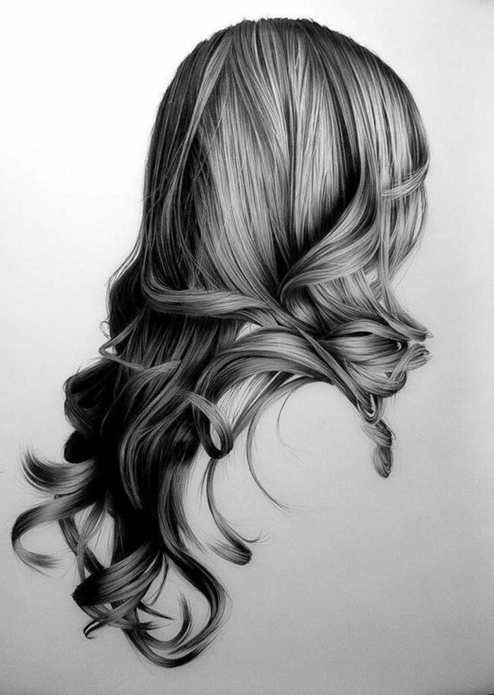 long wavy hair, white background, easy things to draw, black and white, pencil sketch