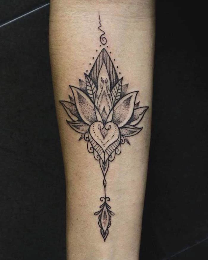 mandala tattoo sleeve, lotus flower, forearm tattoo, black background