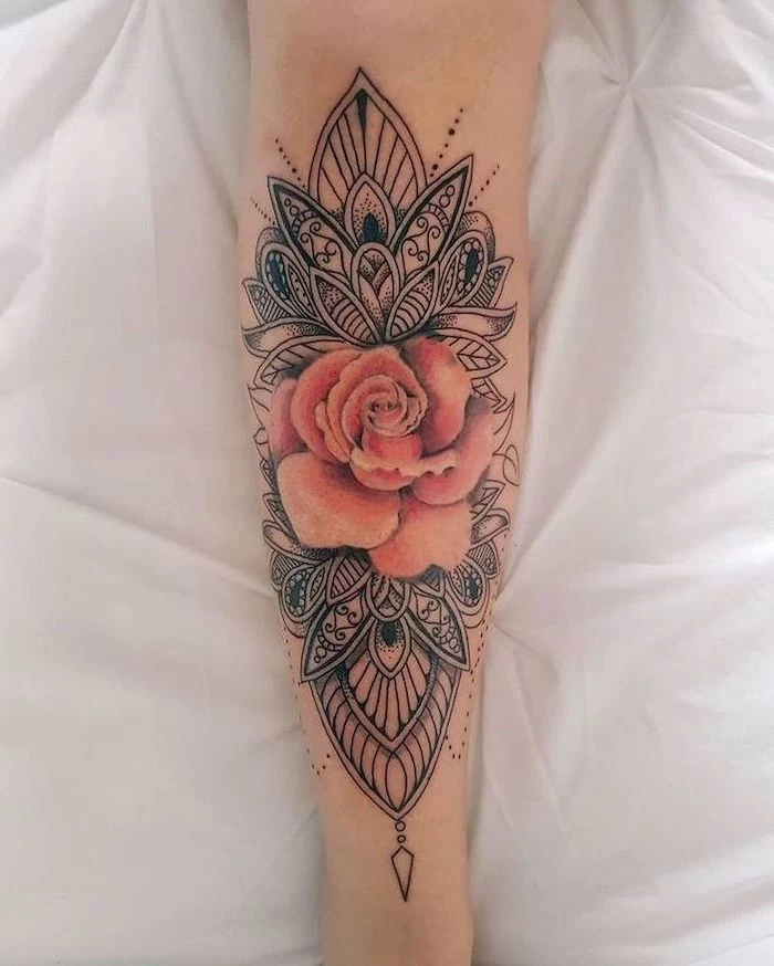 rose leg tattoo, white background, mandala tattoo sleeve 