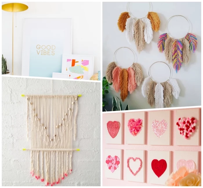 collage of photos, canvas art ideas, macrame and paper wall art, red and pink hearts, on white canvas