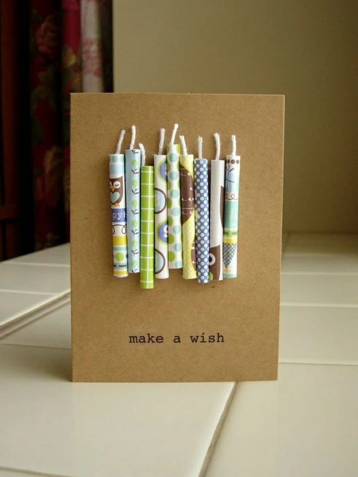 colourful candles, made out of patterned paper, make a wish, homemade birthday card ideas
