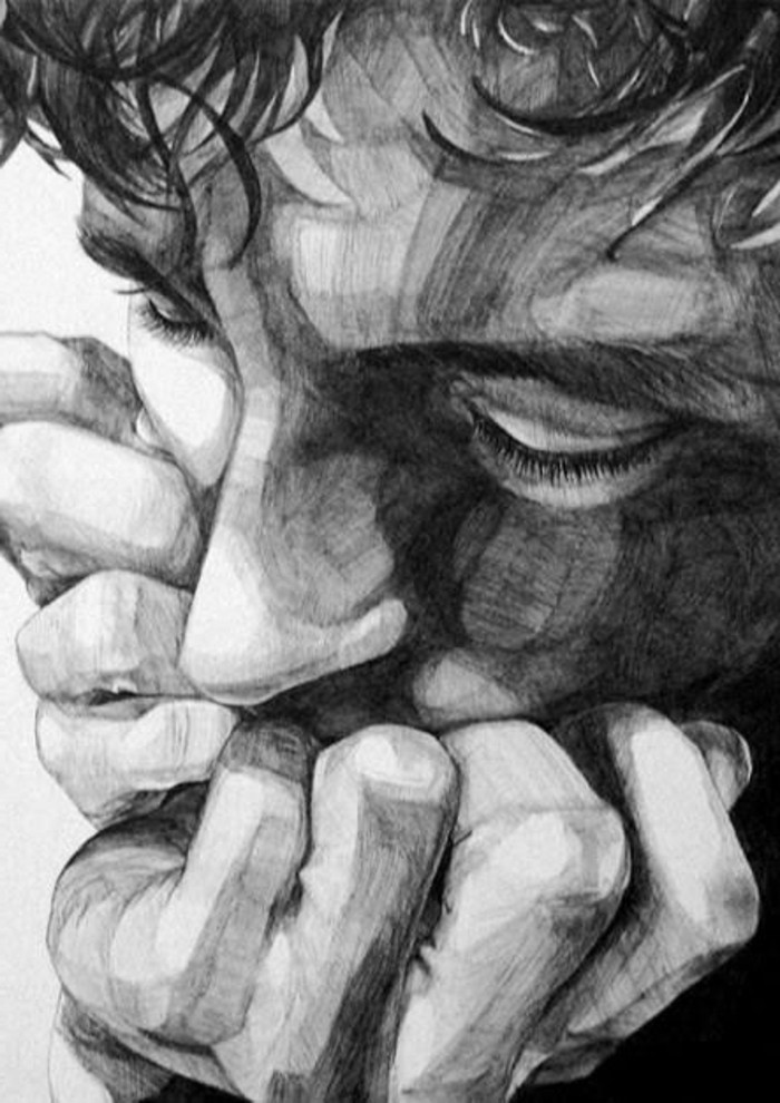 man hiding his face, what should i draw, pencil sketch, in white and black