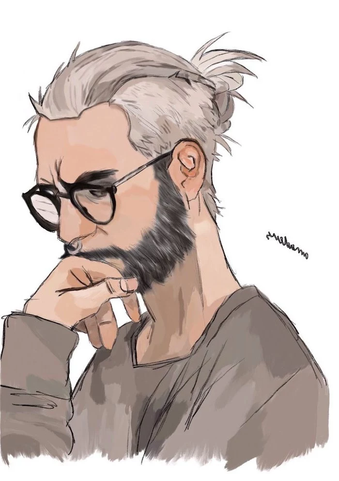 man wearing glasses, grey hair in a bun, how to draw cool stuff, grey blouse