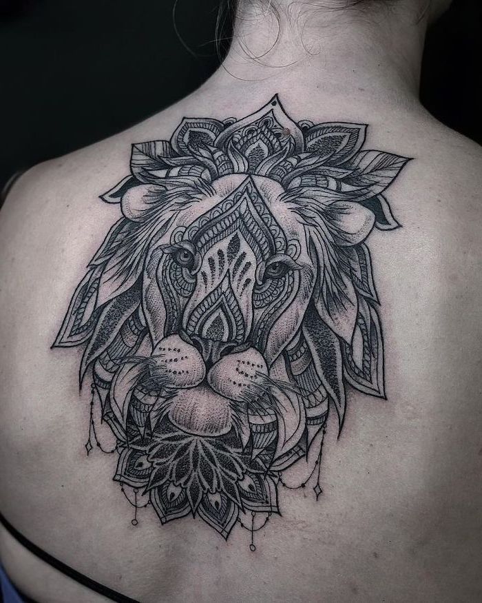 lion back tattoo, mandala tattoo sleeve, black background