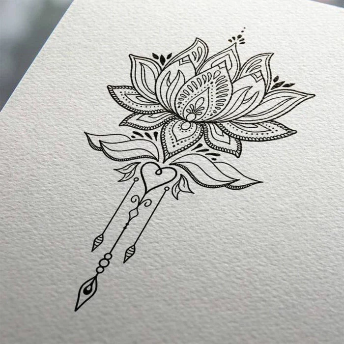 white background, lotus flower, black and white sketch, mandala tattoo sleeve