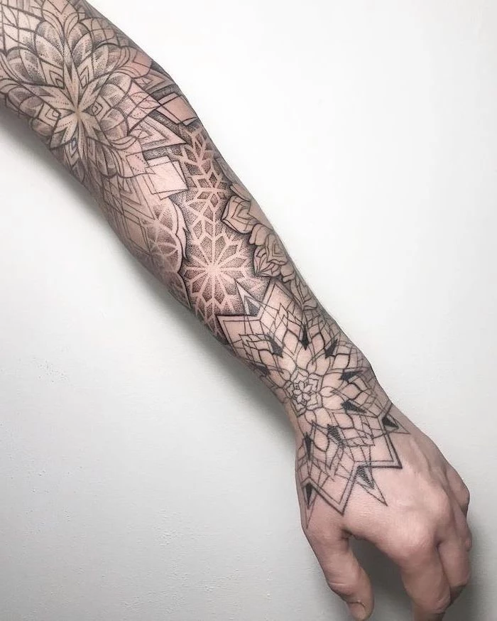 sleeve tattoo, white background, what does mandala mean