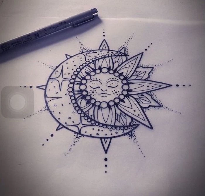 sun and moon drawing, black and white sketch, mandala back tattoo, white background