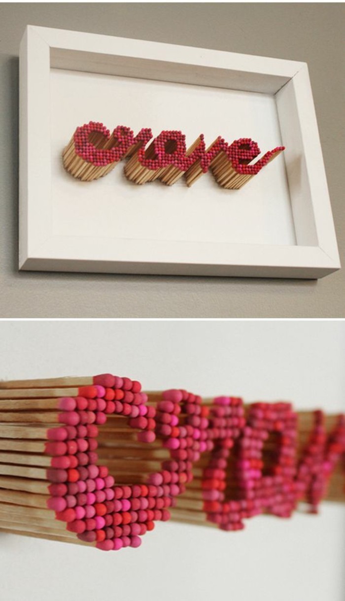 word crave, made out of matches, painted in shades of red, in a white frame, cute wall decor