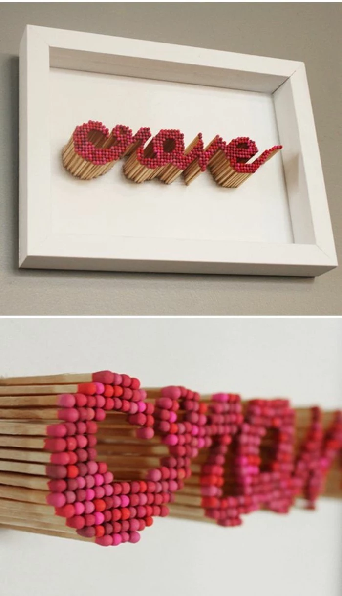 word crave, made out of matches, painted in shades of red, in a white frame, cute wall decor