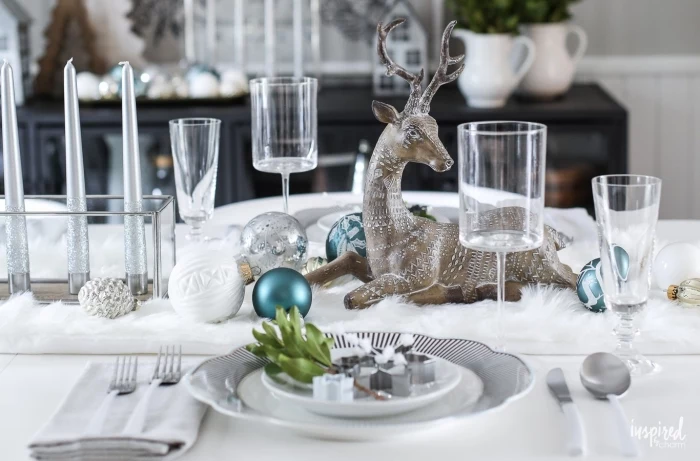 ceramic deer figurine, colourful baubles, dining room centerpieces, grey candles, table settings