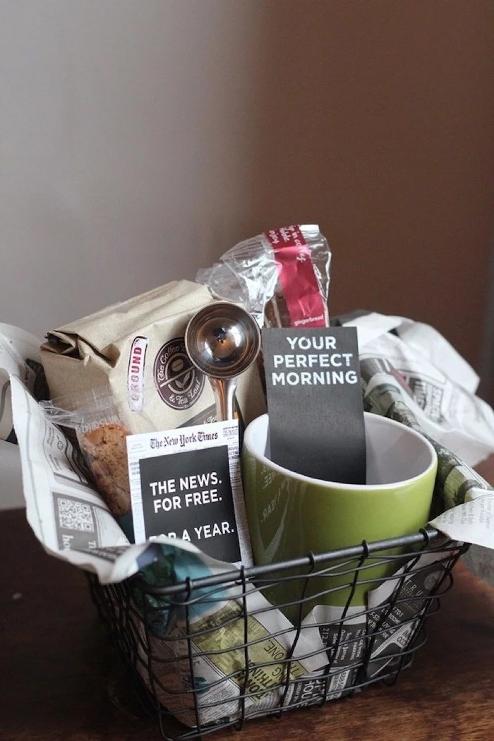 diy gift basket, unique housewarming gifts, coffee beans, coffee mug, the new york times voucher