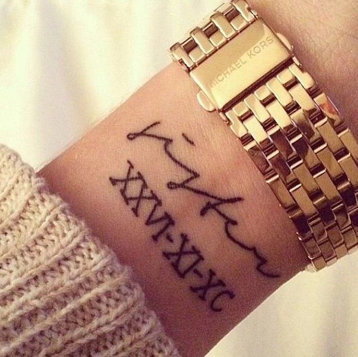 side arm tattoos, golden michael kors watch, wrist tattoo, white background