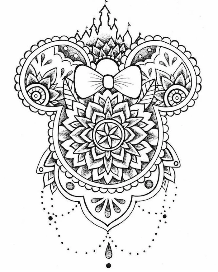 minnie mouse, black and white sketch, mandala back tattoo, white background
