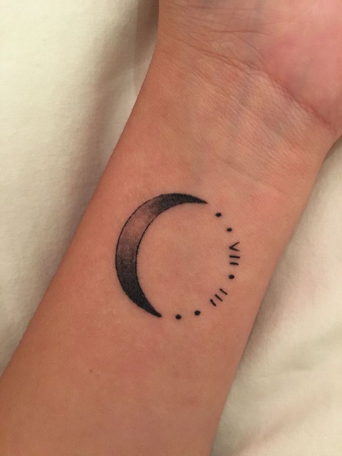 birthday tattoos in roman numerals, moon wrist tattoo, white background
