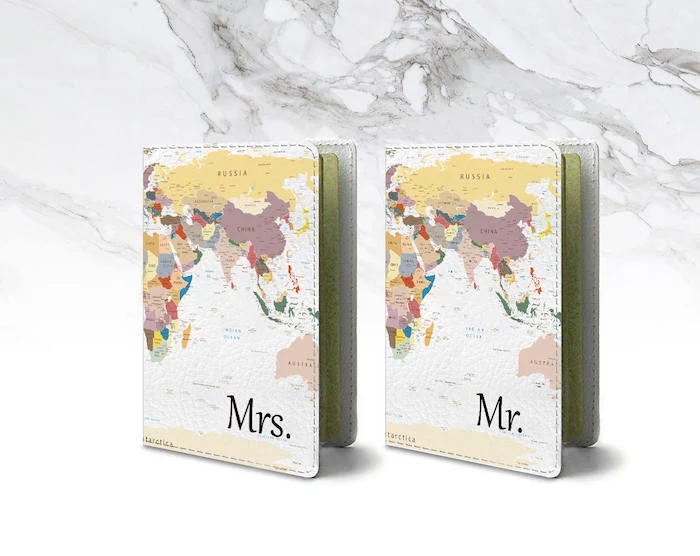 mrs and mr, his and hers, passport covers, great housewarming gifts, map of the worls