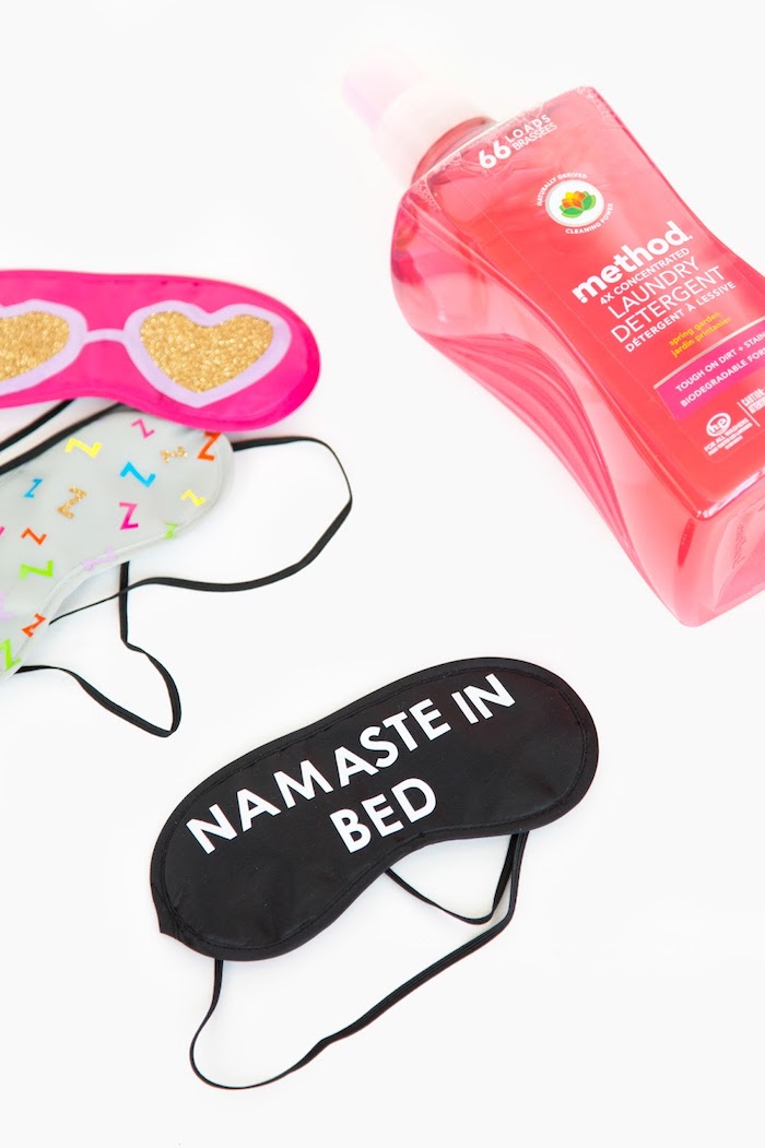 pink and grey sleeping masks, birthday gift ideas, namaste in bed, black sleeping mask, laundry detergent