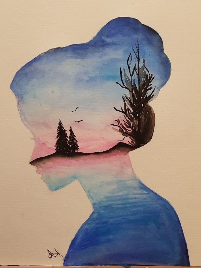 things to draw when your bored, nature landscape, female silhouette, watercolour painting, cool pictures to draw for beginners