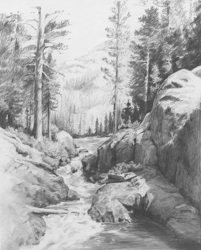 what should i draw, nature landscape, running river, trees and rocks around it, mountain backgorund