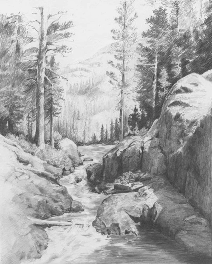 what should i draw, nature landscape, running river, trees and rocks around it, mountain backgorund